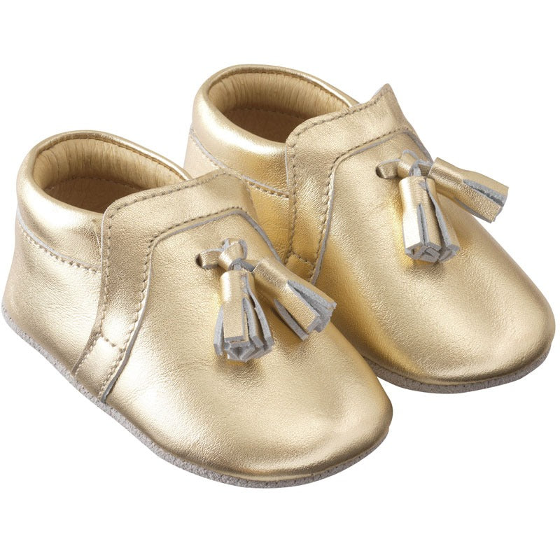 Chaussons bébé cuir à franges beige et dorée – Tichoups.